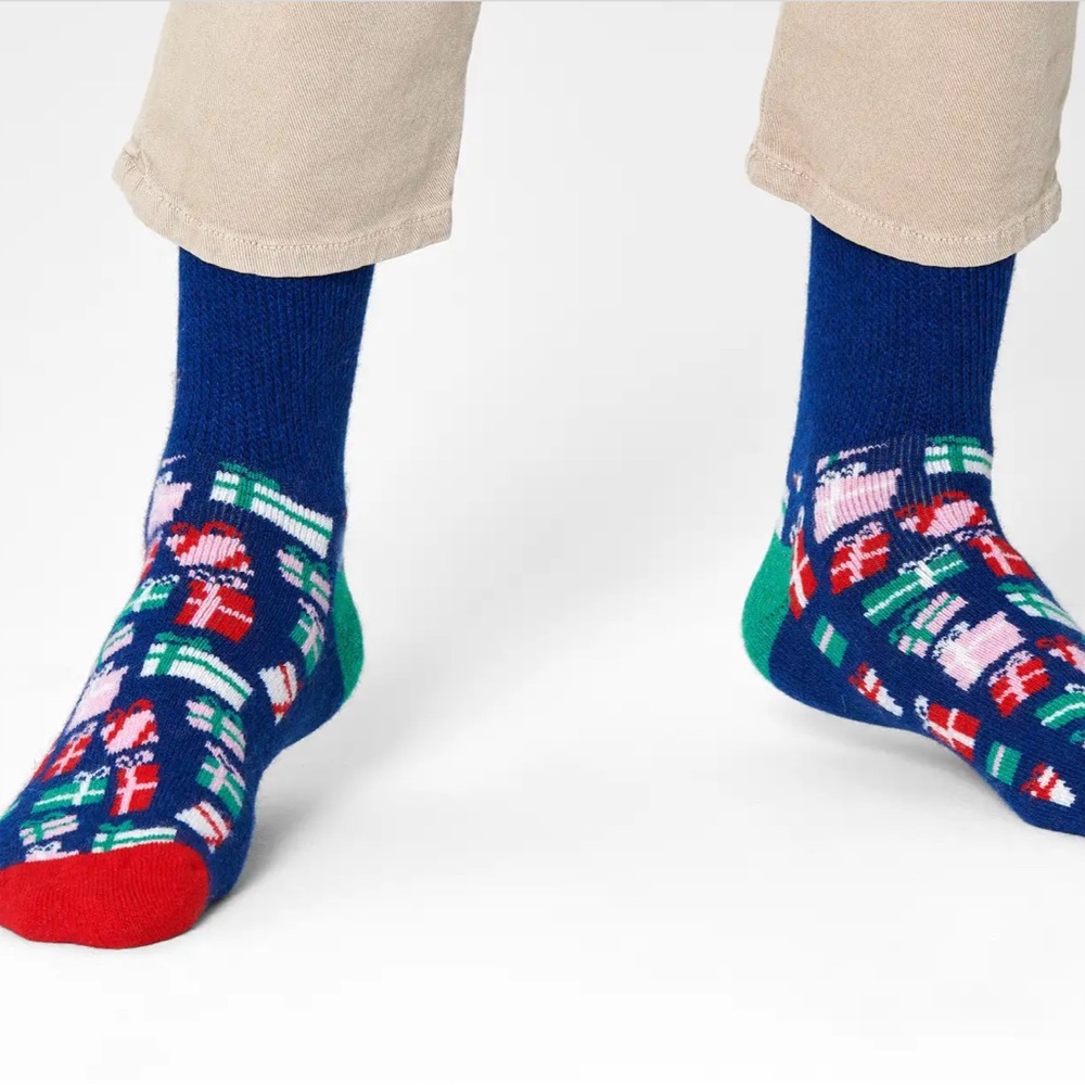 HAPPY SOCKS CUSHIONED MENS WOOL BLEND CHRISTMAS FESTIVE SOCKS BLUE MULTI OS NWOT